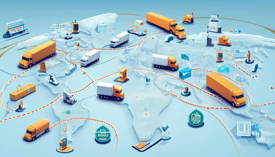 Create an image of a dynamic logistics map showing multiple delivery routes across a large region