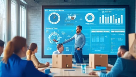 Design an image of a logistics team in a meeting room, discussing performance metrics displayed on a screen-1