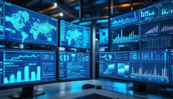 Generate an image of a logistics control center with multiple computer screens displaying realtime data analytics and predictive graphs