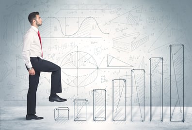 Business man climbing up on hand drawn graphs concept on background