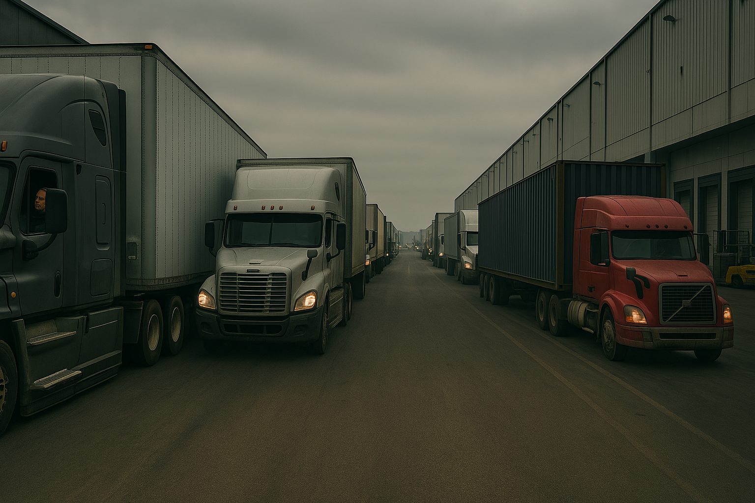 Crowded Freight Yard with Trucks Waiting for Logistics Work